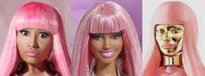 Nicki Minaj with pink wig next to a Barbie version next to a chrome plated version