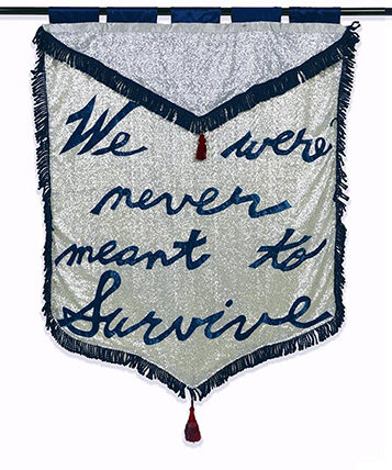 two banners, one embroidered with "We were never meant to survive" and the other depicting an eagle stabbed with a pencil soaring over two guns